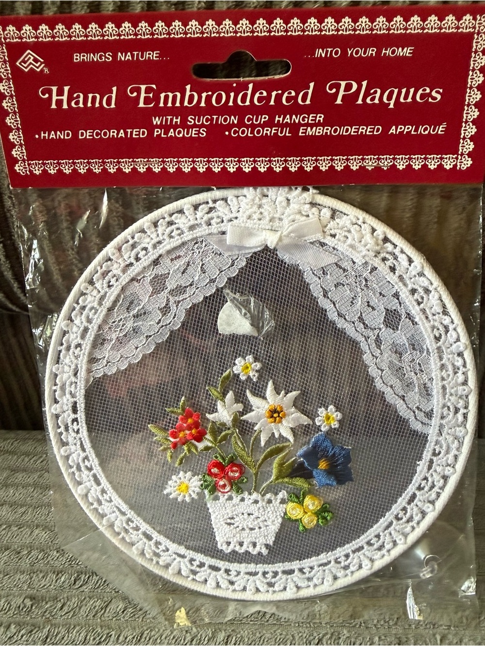 Vintage White Lace Hand Embroidered Floral Plaque Decor